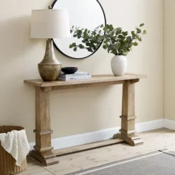 Console Tables-Kirkland's Home Brown Wood Pedestal Base Console Table
