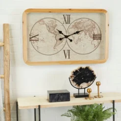 Clocks-Kirkland's Home Brown World Map Rectangular Wall Clock