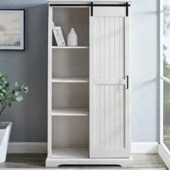 Cabinets & Sideboards-Kirkland's Home Brushed Grooved Sliding Door Cabinet White