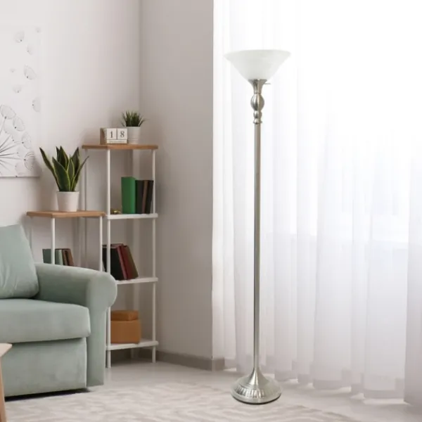 Floor Lamps-Kirkland's Home Brushed Nickel And Marbleized Glass Torchiere Silver