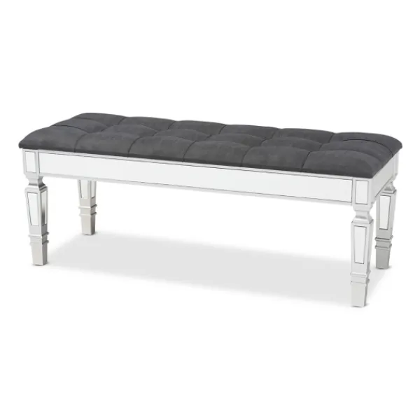 Benches & Ottomans-Kirkland's Home Button Tufted Bench With Mirrored Base Gray