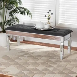 Benches & Ottomans-Kirkland's Home Button Tufted Bench With Mirrored Base Gray
