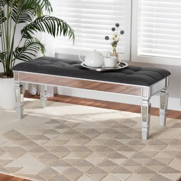 Benches & Ottomans-Kirkland's Home Button Tufted Bench With Mirrored Base Gray