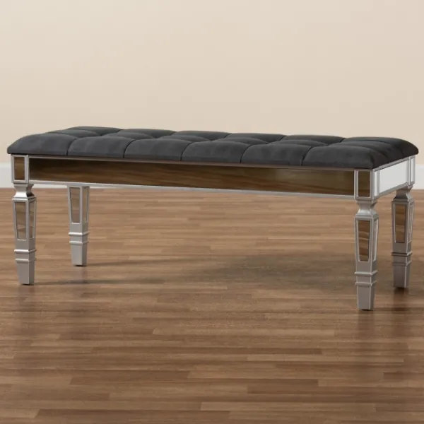 Benches & Ottomans-Kirkland's Home Button Tufted Bench With Mirrored Base Gray