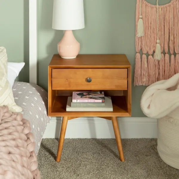 Nightstands-Kirkland's Home Caramel 1-Drawer Mid Century Nightstand Brown