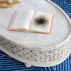 Coffee Tables-Kirkland's Home Carved Lattice Wood Oval Coffee Table White