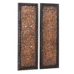 Wall Plaques-Kirkland's Home Carved Mahogany 2-Pc. Floral Motif Plaque Set Brown/Black/Gold
