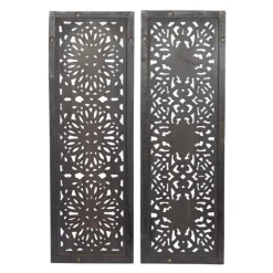 Wall Plaques-Kirkland's Home Carved Mahogany 2-Pc. Floral Motif Plaque Set Brown/Black/Gold