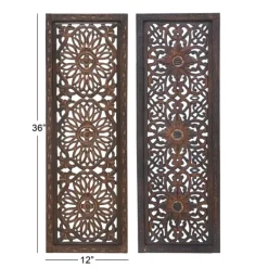 Wall Plaques-Kirkland's Home Carved Mahogany 2-Pc. Floral Motif Plaque Set Brown/Black/Gold