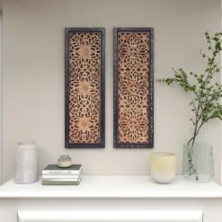Wall Plaques-Kirkland's Home Carved Mahogany 2-Pc. Floral Motif Plaque Set Brown/Black/Gold