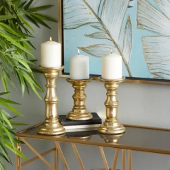 Candle Holders-Kirkland's Home Carved Mango Wood Candle Holders, Set Of 3 Gold