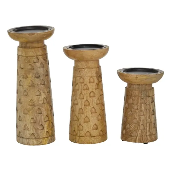 Candle Holders-Kirkland's Home Carved Triangles Wood Candle Holders, Set Of 3 Brown