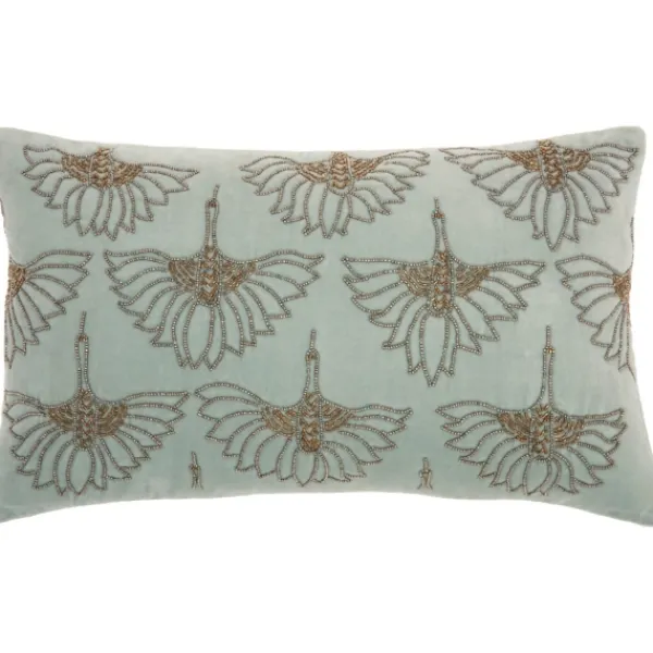 Pillows-Kirkland's Home Celadon Beaded Floral Motif Lumbar Pillow Blue