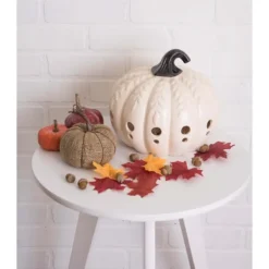 Lanterns-Kirkland's Home Ceramic Leaf Pre-Lit Pumpkin Lantern White