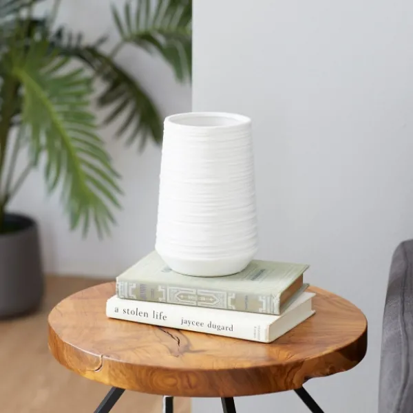 Vases-Kirkland's Home Ceramic Ribbed Vase, 7 In. White