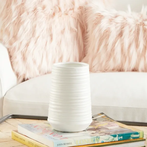 Vases-Kirkland's Home Ceramic Ribbed Vase, 7 In. White