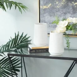 Vases-Kirkland's Home Ceramic Ribbed Vase, 7 In. White