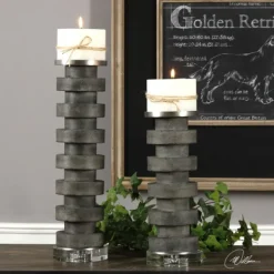 Candle Holders-Kirkland's Home Charcoal Concrete 2-Pc. Candle Holder Set Black/White