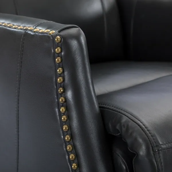 Accent Chairs-Kirkland's Home Charcoal Genuine Leather Swivel Recliner Black