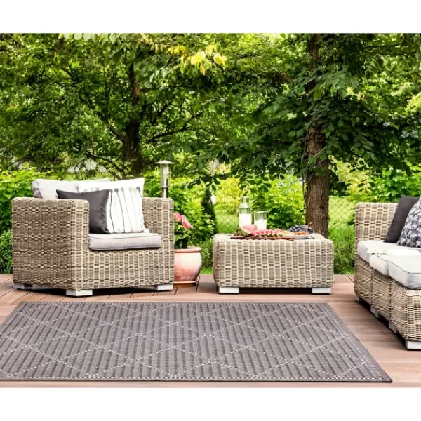 Outdoor Rugs-Kirkland's Home Charcoal Geo Lattice Outdoor Area Rug, 7X9 Gray