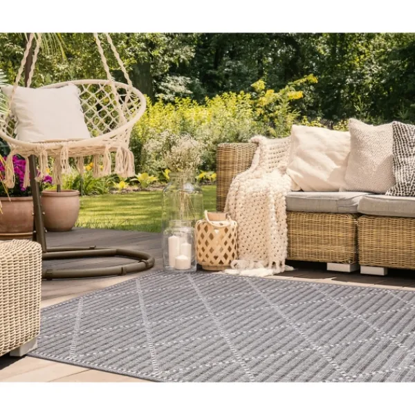 Outdoor Rugs-Kirkland's Home Charcoal Geo Lattice Outdoor Area Rug, 7X9 Gray