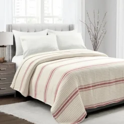 Quilts-Kirkland's Home Cherry Red Pick Stitch Stripe Queen Quilt Red/White