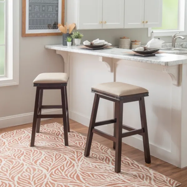 Bar Stools & Counter Height Stools-Kirkland's Home Chestnut Wood Upholstered Leather Bar Stool Tan