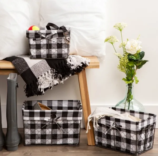 Baskets & Boxes-Kirkland's Home Chicken Wire And Buffalo Check Baskets, Set Of 3 Black/White