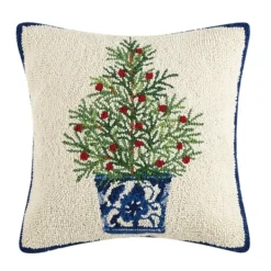 Pillows-Kirkland's Home Chinoiserie Tree Blue Trim Wool Christmas Pillow Ivory/Blue/Green