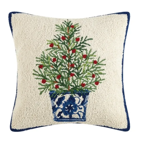 Pillows-Kirkland's Home Chinoiserie Tree Blue Trim Wool Christmas Pillow Ivory/Blue/Green