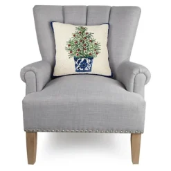 Pillows-Kirkland's Home Chinoiserie Tree Blue Trim Wool Christmas Pillow Ivory/Blue/Green