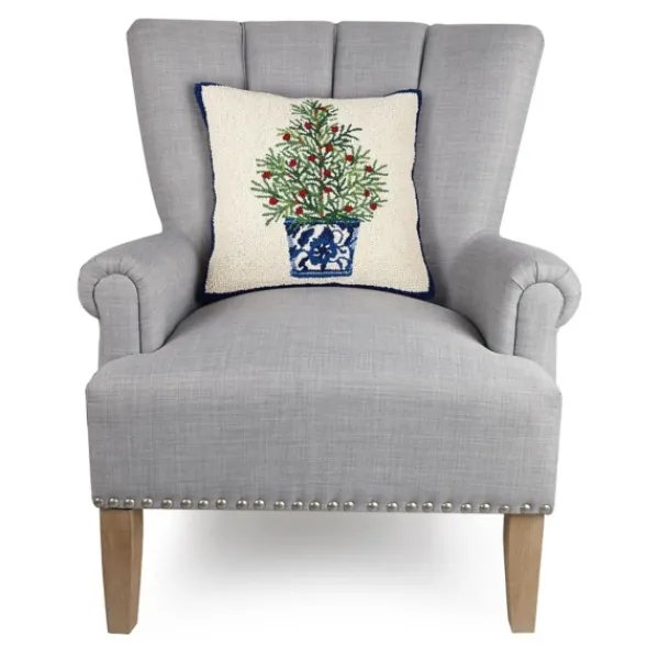 Pillows-Kirkland's Home Chinoiserie Tree Blue Trim Wool Christmas Pillow Ivory/Blue/Green