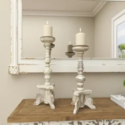 Candle Holders-Kirkland's Home Chipped Wood Pillar Candle Holders, Set Of 2 White