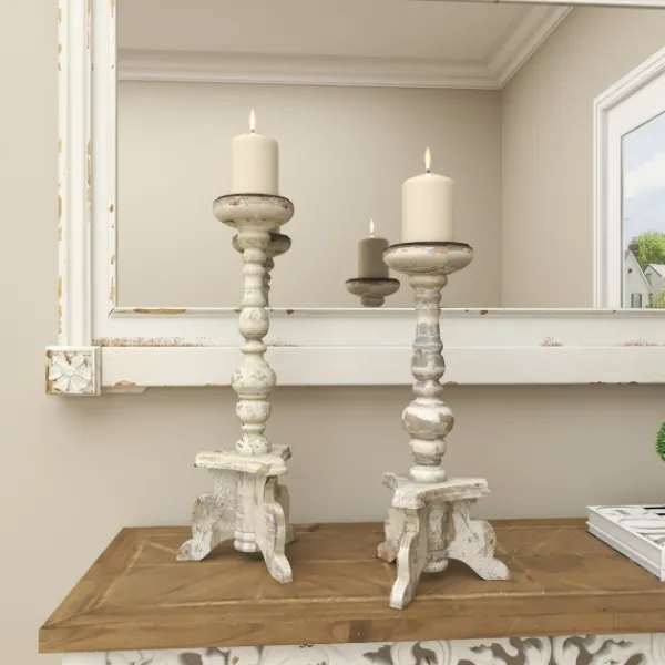 Candle Holders-Kirkland's Home Chipped Wood Pillar Candle Holders, Set Of 2 White