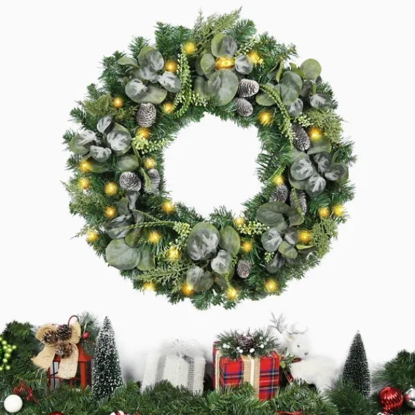 Wreaths-Kirkland's Home Christmas Eucalyptus Pine Mix Pre-Lit Wreath Green