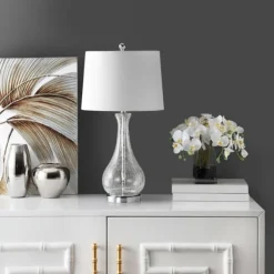 Table Lamps-Kirkland's Home Clear Glass And Silver Metal Base Table Lamp White