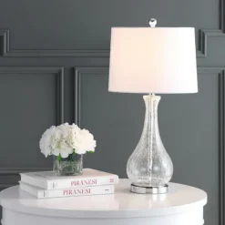 Table Lamps-Kirkland's Home Clear Glass And Silver Metal Base Table Lamp White