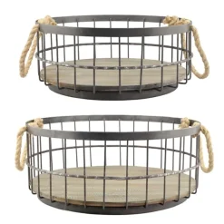 Baskets & Boxes-Kirkland's Home Coastal Wire And Wood Baskets, Set Of 2 Tan/Black