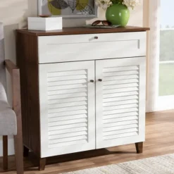 Entryway Furniture-Kirkland's Home Collier Two-Tone Drawer Shoe Storage Cabinet White/Brown