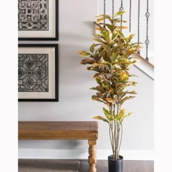 Trees & Topiaries-Kirkland's Home Colorful Croton Tree In Black Planter, 6 Ft.