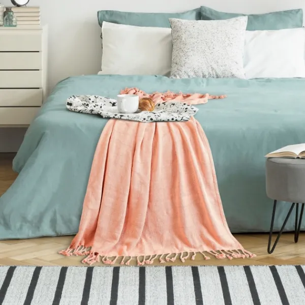 Blankets & Throws-Kirkland's Home Coral Checkered Weave Fringe Throw Pink