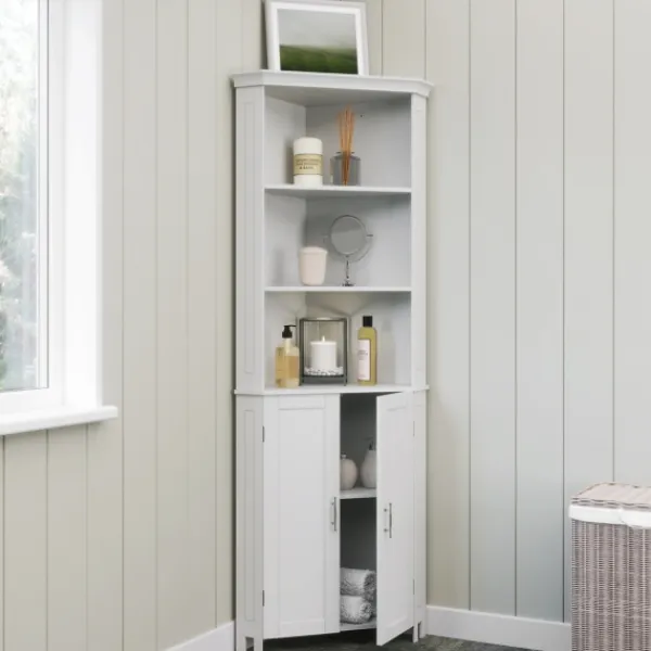 Bathroom Furniture-Kirkland's Home Corner Shelf With Cabinet Doors White