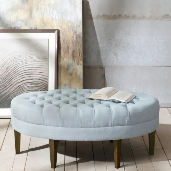 Benches & Ottomans-Kirkland's Home Cory Tufted Dusty Linen Ottoman Blue