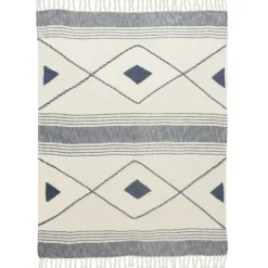 Blankets & Throws-Kirkland's Home Cotton Diamond Geometric Fringe Throw Blue