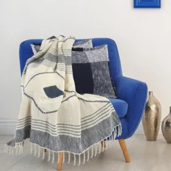 Blankets & Throws-Kirkland's Home Cotton Diamond Geometric Fringe Throw Blue