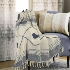 Blankets & Throws-Kirkland's Home Cotton Diamond Geometric Fringe Throw Blue