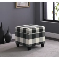 Benches & Ottomans-Kirkland's Home Cream Buffalo Plaid Upholstered Storage Ottoman Black/White