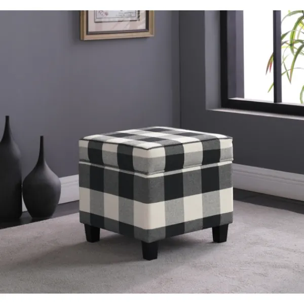 Benches & Ottomans-Kirkland's Home Cream Buffalo Plaid Upholstered Storage Ottoman Black/White