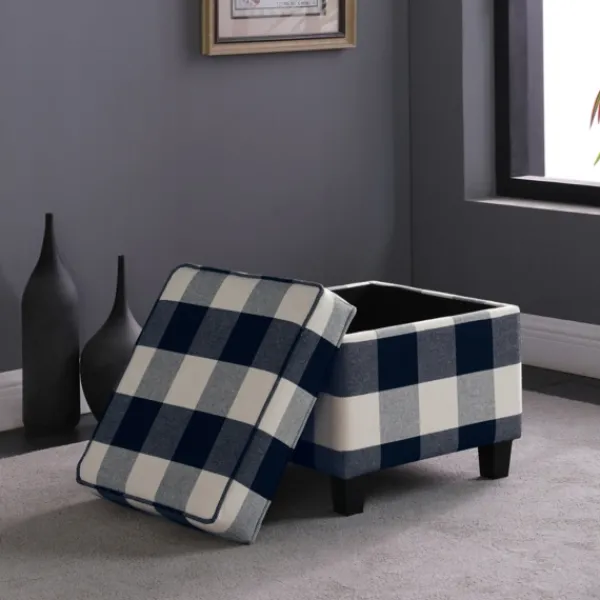 Benches & Ottomans-Kirkland's Home Cream Buffalo Plaid Upholstered Storage Ottoman Black/White