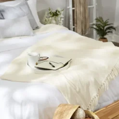 Blankets & Throws-Kirkland's Home Cream Chenille Fringe Throw Ivory